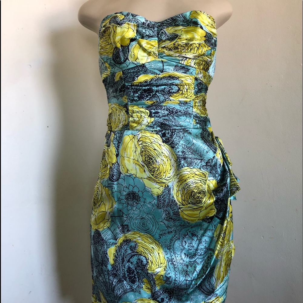 Nanette Lepore 2 Dress Blue Yellow Rose Satin